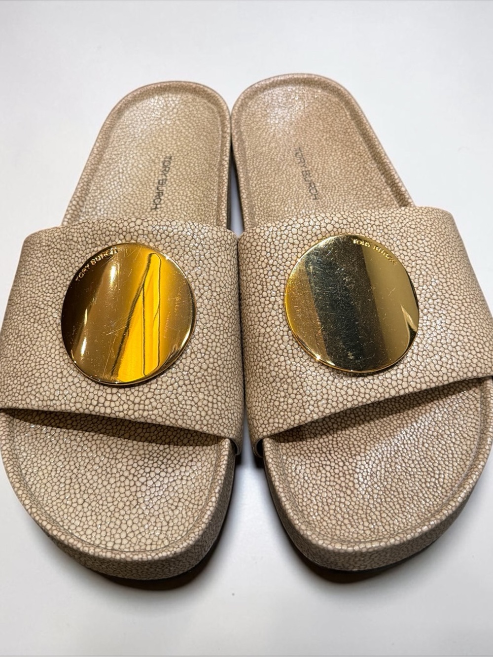 Tory Burch Beige Textured Slide Sandals with Gold Discs